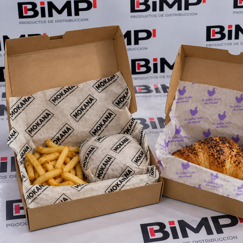 Papel antigrasa personalizado con logo en cajas de comida para llevar con hamburguesa y patatas