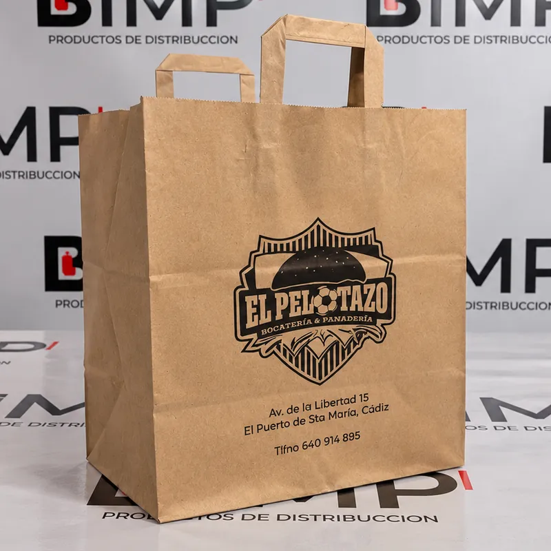 Bolsa de papel kraft con asa plana serigrafiada con logo para bocatería y panadería