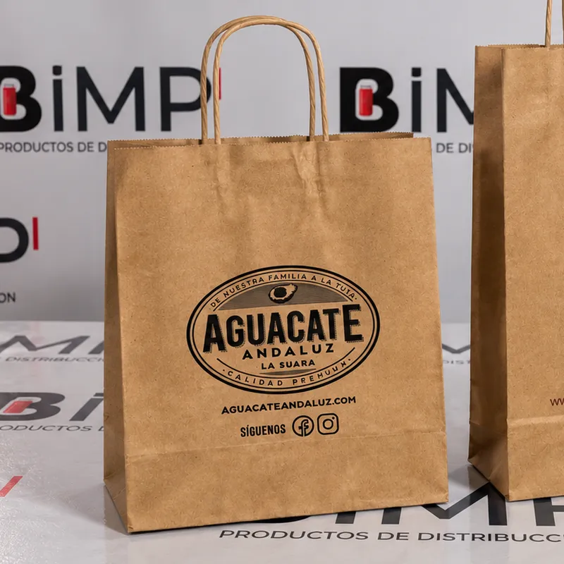 Bolsa de papel kraft con asa rizada serigrafiada con logo