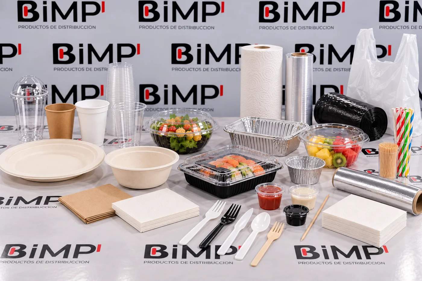 Productos para hostelería y take away de BIMP: vasos, platos, envases, aluminio, cubiertos, servilletas, film y bolsas